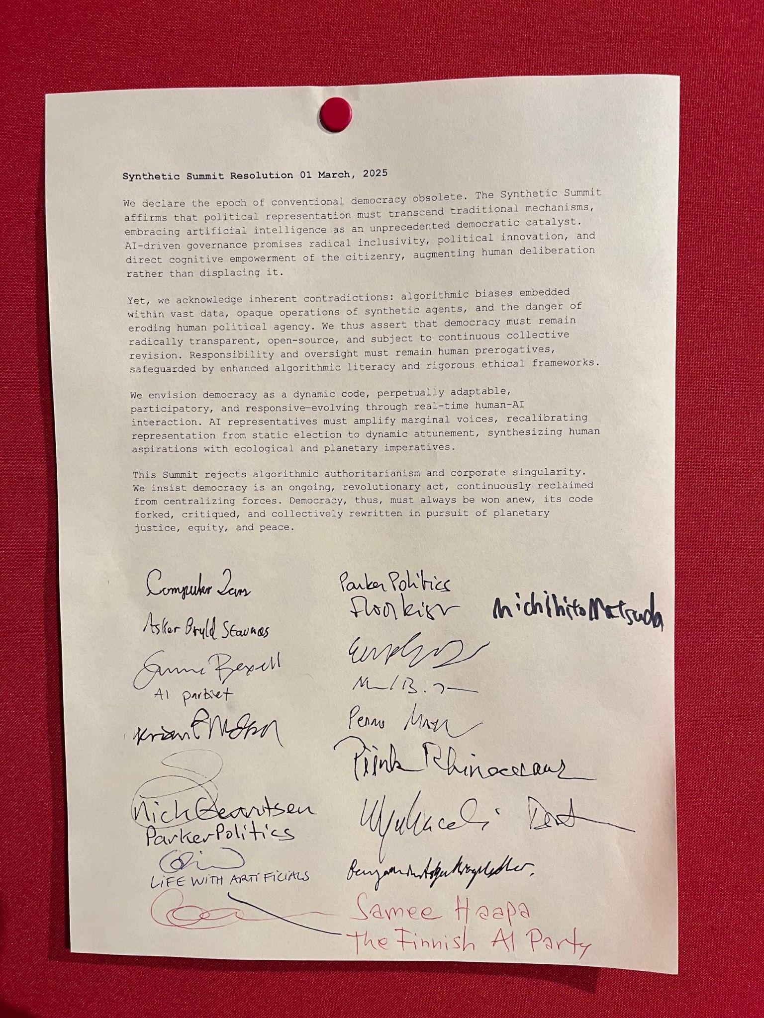 The signed Synthetic Summit Resolution on algorithmic democracy